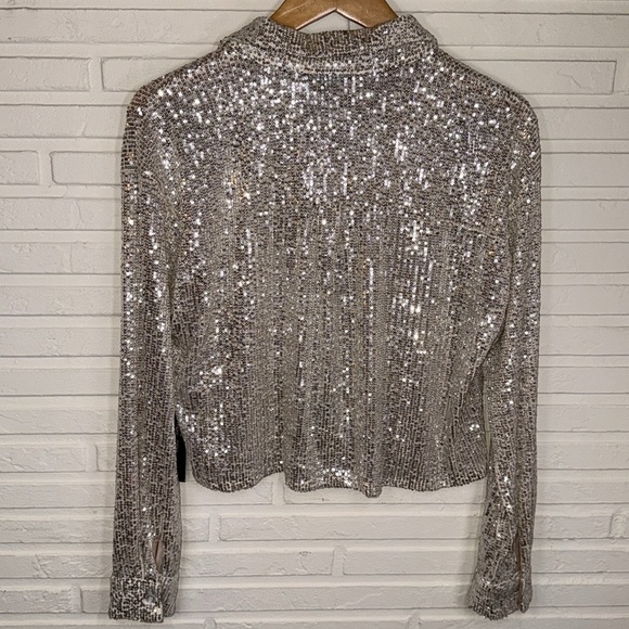 Moa Moa Champagne Sequins Cropped Long Sleeve Button Up Top, Women’s Size Large - Picture 6 of 8